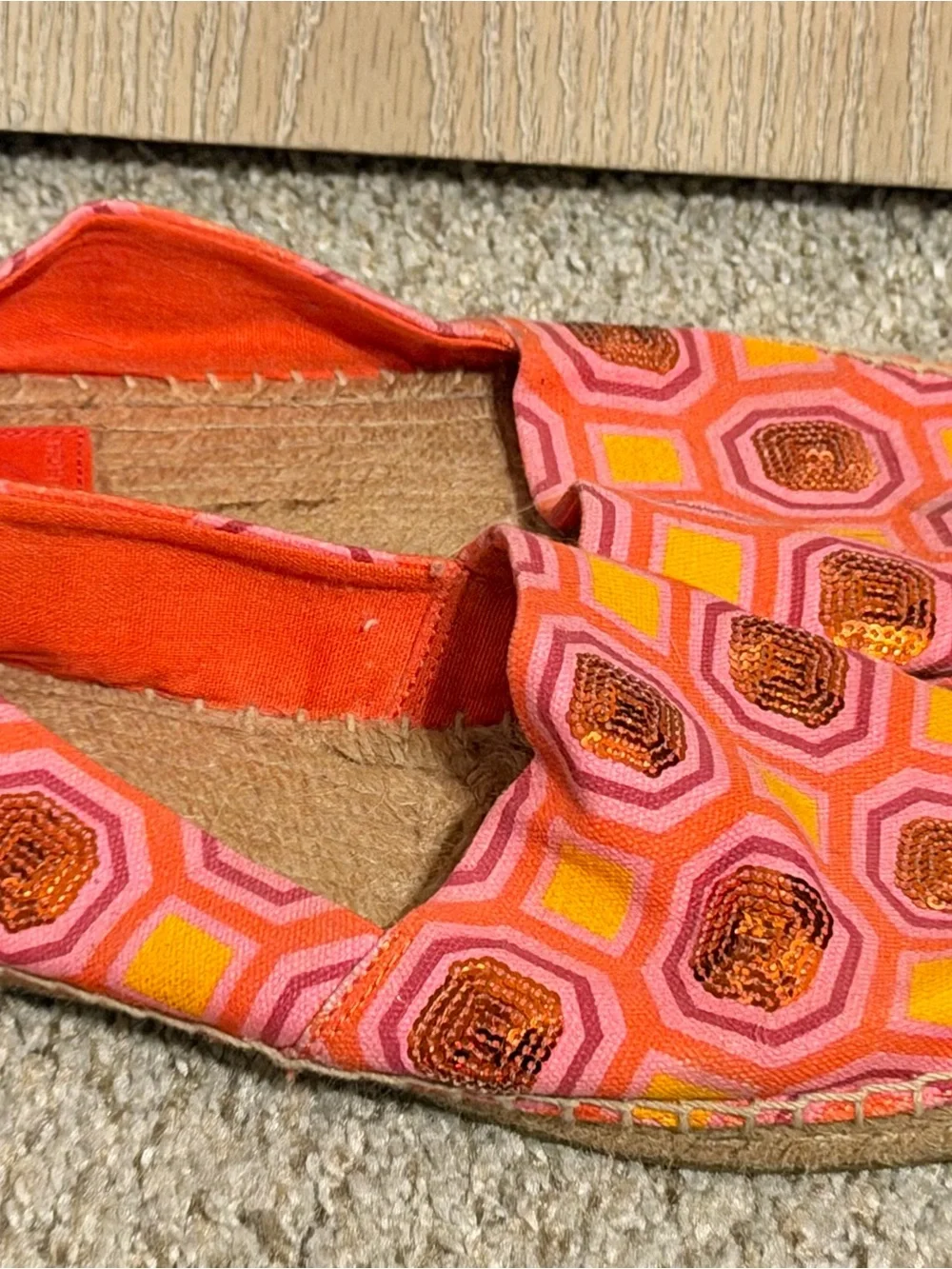 Tory Burch Pink and Orange Geometric Sequins Espadrille Flats